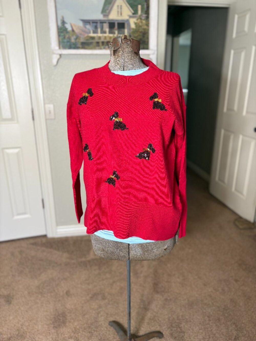 Women's Red Sweater w Black Sequence Scotty Dog Accents sz. L